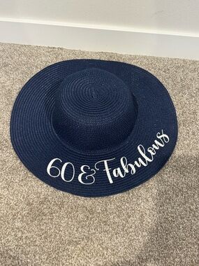 Wide Brim Straw Sun Hat - Navy "60 & Fabulous"
